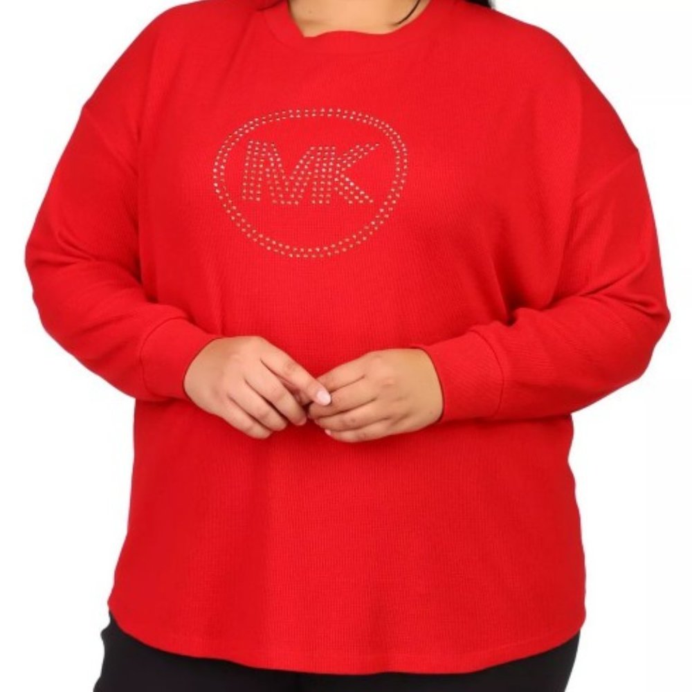 Michael Kors Plus Size Rhinestone Logo Waffle-Knit T-shirt